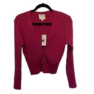 Pink Rose Cropped Cable Knit Button Up Sweater Vibrant Hot Pink Sizes M and L